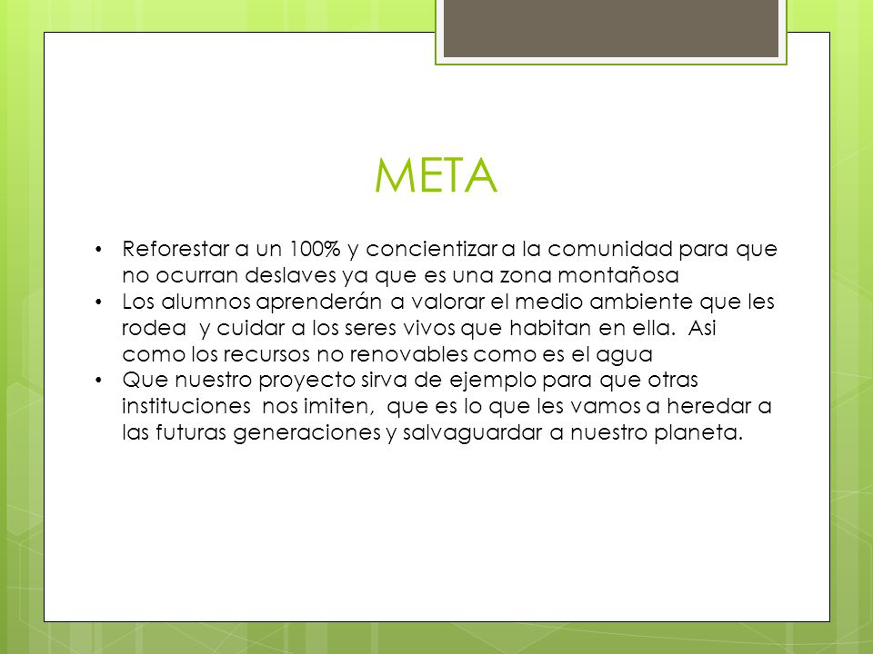 META Reforestar a un 100% y concientizar a la comunidad para que no ocurran deslaves ya que es una zona montañosa.