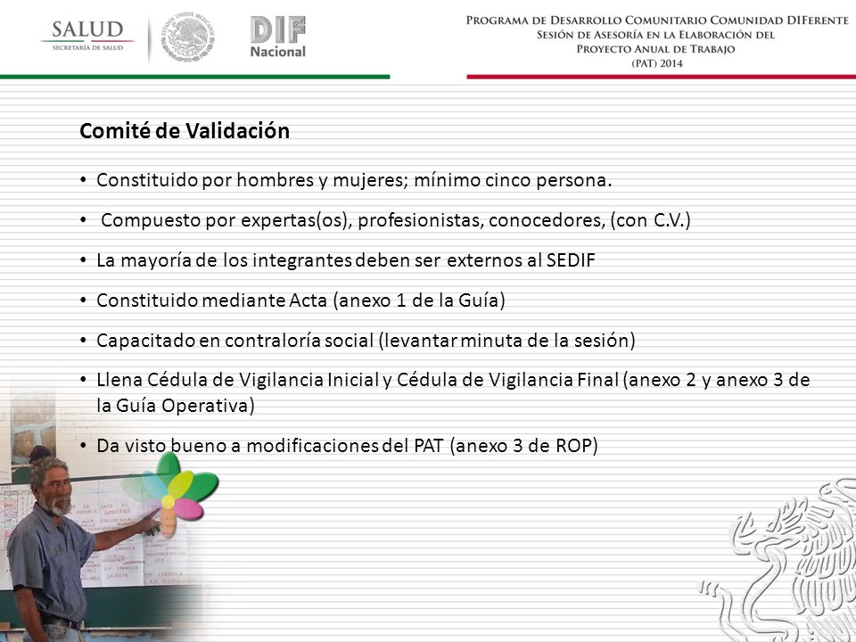 Comité de Validación Constituido por hombres y mujeres; mínimo cinco persona. Compuesto por expertas(os), profesionistas, conocedores, (con C.V.)