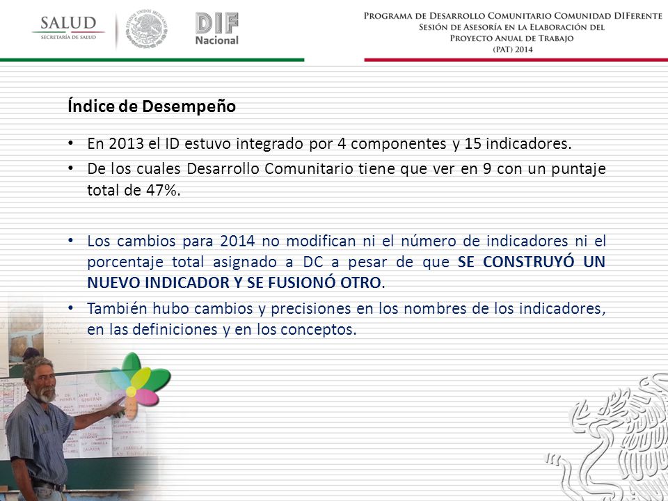 Índice de Desempeño En 2013 el ID estuvo integrado por 4 componentes y 15 indicadores.