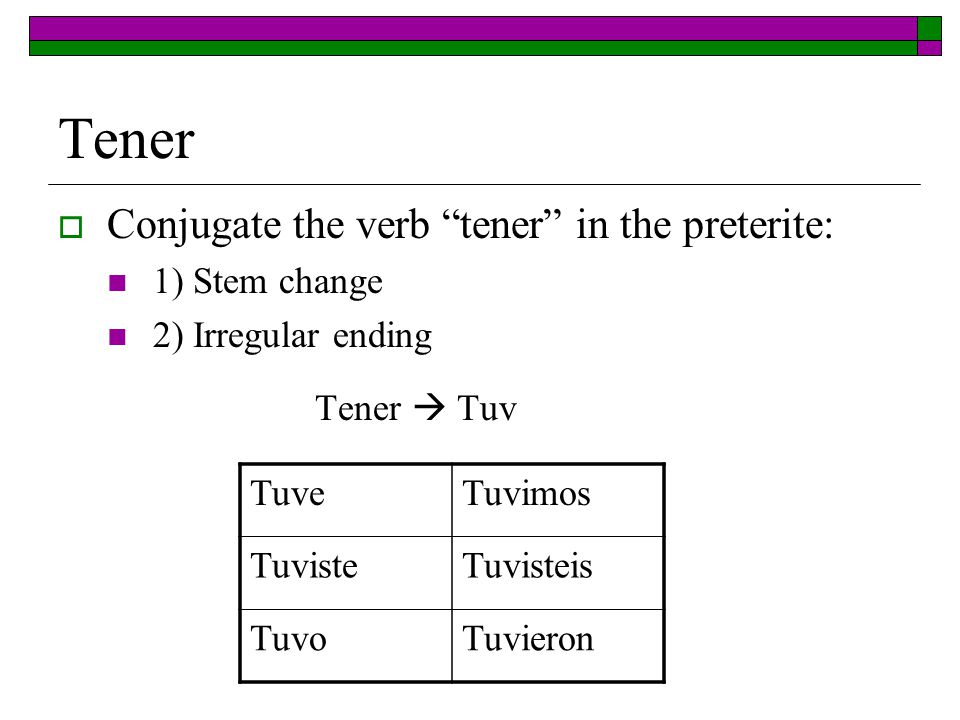 Tener Conjugate the verb tener in the preterite: 1) Stem change