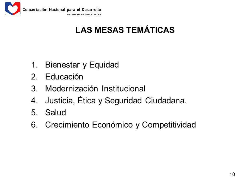 LAS MESAS TEMÁTICAS Bienestar y Equidad. Educación. Modernización Institucional. Justicia, Ética y Seguridad Ciudadana.