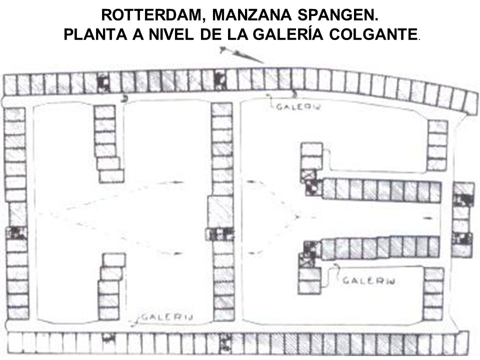 ROTTERDAM, MANZANA SPANGEN. PLANTA A NIVEL DE LA GALERÍA COLGANTE.