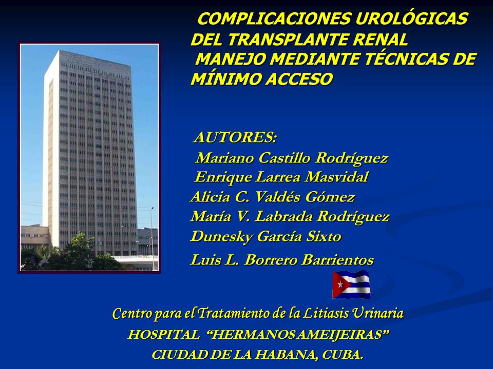 COMPLICACIONES UROLÓGICAS DEL TRANSPLANTE RENAL MANEJO MEDIANTE TÉCNICAS DE MÍNIMO ACCESO AUTORES: Mariano Castillo Rodríguez Enrique Larrea Masvidal Alicia C. Valdés Gómez María V. Labrada Rodríguez Dunesky García Sixto Luis L. Borrero Barrientos