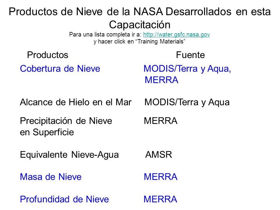 Productos de Nieve de la NASA Desarrollados en esta Capacitación