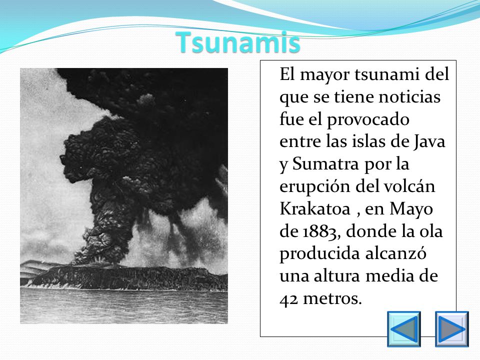 El mayor tsunami del que se tiene noticias fue el provocado entre las islas de Java y Sumatra por la erupción del volcán Krakatoa , en Mayo de 1883, donde la ola producida alcanzó una altura media de 42 metros.