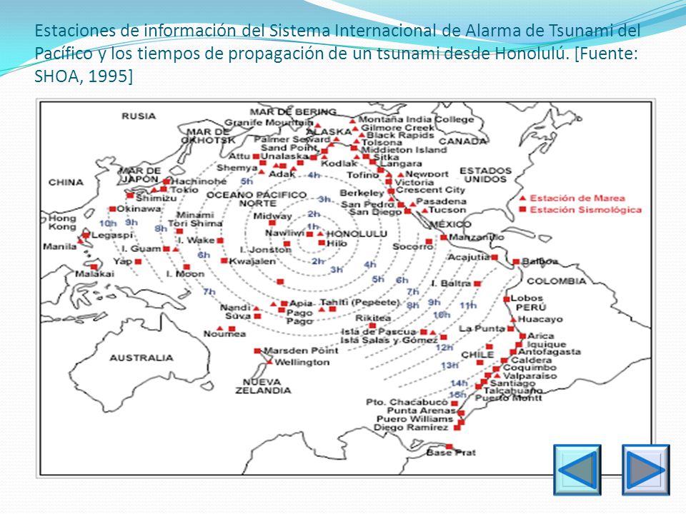 Estaciones de información del Sistema Internacional de Alarma de Tsunami del Pacífico y los tiempos de propagación de un tsunami desde Honolulú.