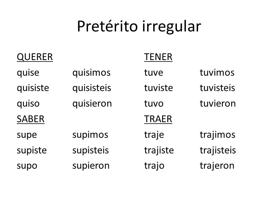 Pretérito irregular QUERER quise quisimos quisiste quisisteis quiso quisieron SABER supe supimos supiste supisteis supo supieron