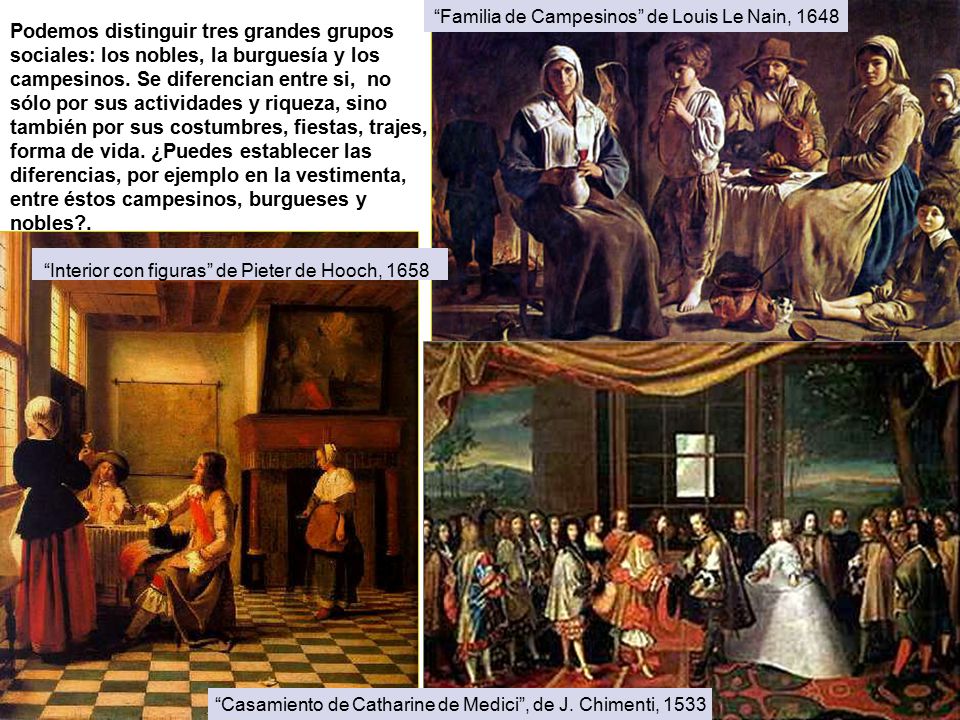 Podemos distinguir tres grandes grupos sociales: los nobles, la burguesía y los campesinos. Se diferencian entre si, no sólo por sus actividades y riqueza, sino también por sus costumbres, fiestas, trajes, forma de vida. ¿Puedes establecer las diferencias, por ejemplo en la vestimenta, entre éstos campesinos, burgueses y nobles .