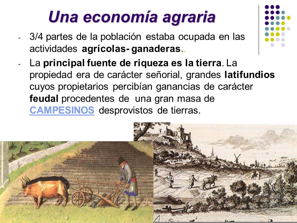 Una economía agraria 3/4 partes de la población estaba ocupada en las actividades agrícolas- ganaderas..