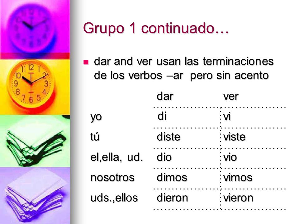 Grupo 1 continuado… dar and ver usan las terminaciones de los verbos –ar pero sin acento. dar. ver.