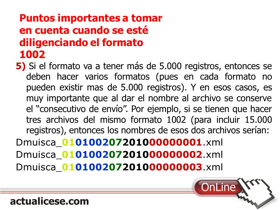 Puntos importantes a tomar en cuenta cuando se esté diligenciando el formato 1002