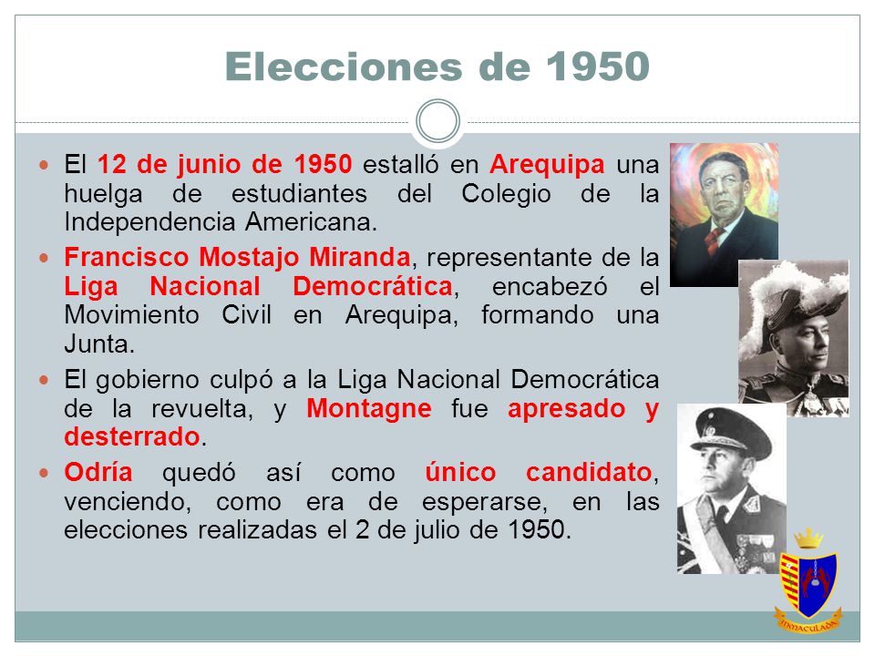 Elecciones de 1950 El 12 de junio de 1950 estalló en Arequipa una huelga de estudiantes del Colegio de la Independencia Americana.