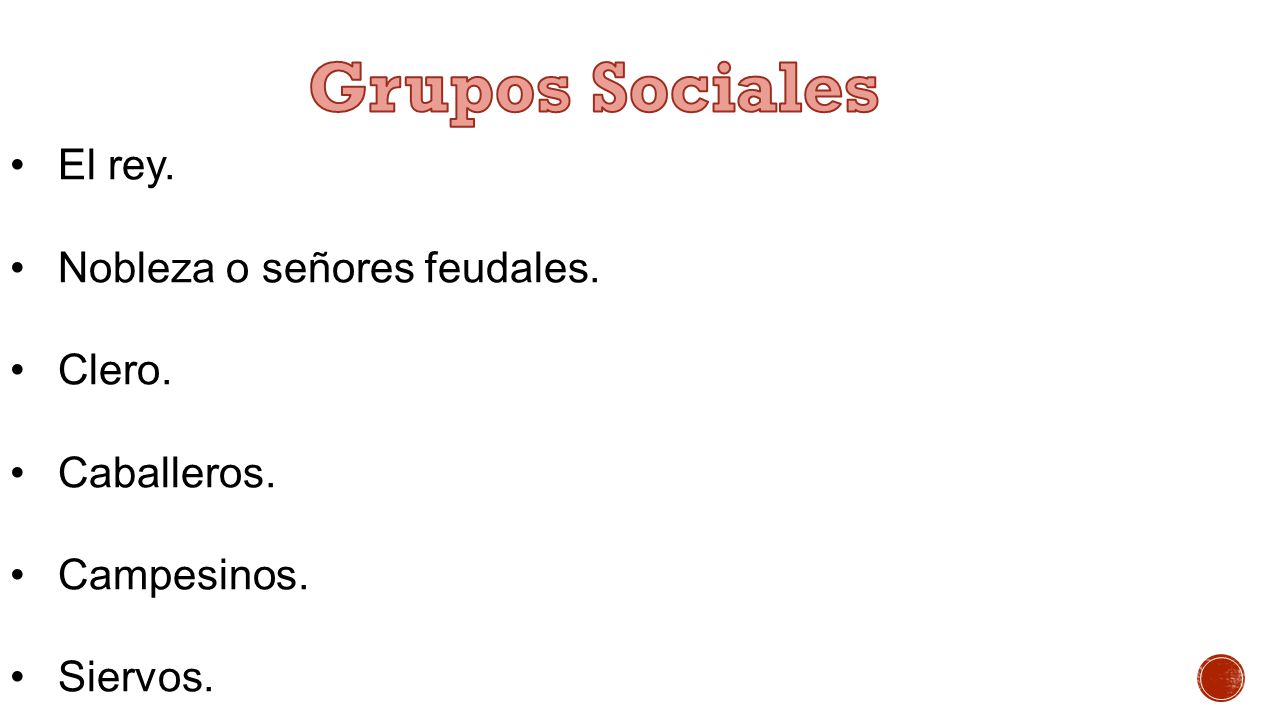 Grupos Sociales El rey. Nobleza o señores feudales. Clero. Caballeros.