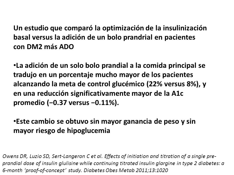 Un estudio que comparó la optimización de la insulinización basal versus la adición de un bolo prandrial en pacientes con DM2 más ADO