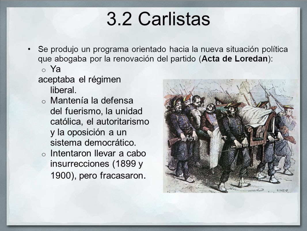 3.2 Carlistas Ya aceptaba el régimen liberal. Mantenía la defensa
