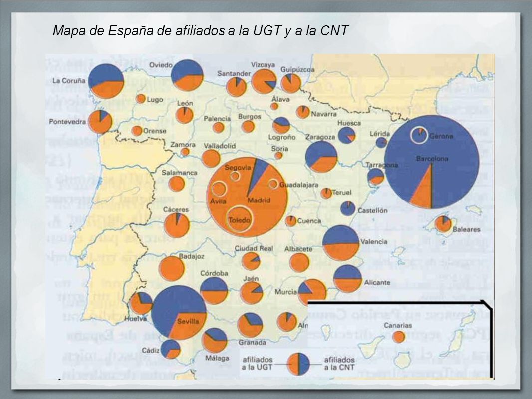 Mapa de España de afiliados a la UGT y a la CNT