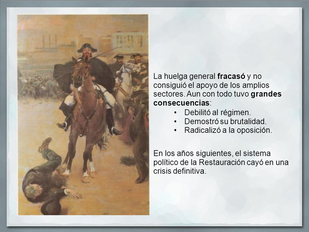 La huelga general fracasó y no consiguió el apoyo de los amplios sectores. Aun con todo tuvo grandes consecuencias: