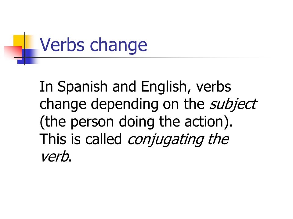 Verbs change In Spanish and English, verbs change depending on the subject (the person doing the action).