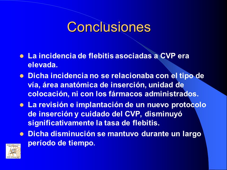 Conclusiones La incidencia de flebitis asociadas a CVP era elevada.