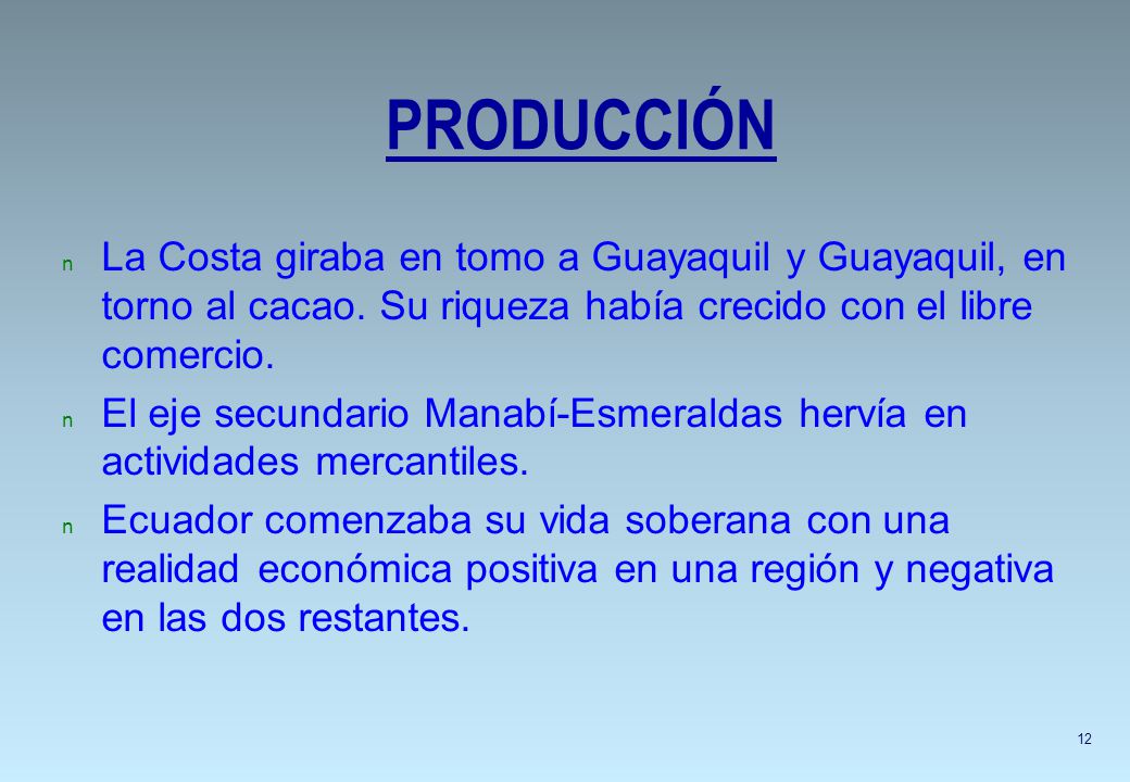 PRODUCCIÓN La Costa giraba en tomo a Guayaquil y Guayaquil, en torno al cacao. Su riqueza había crecido con el libre comercio.
