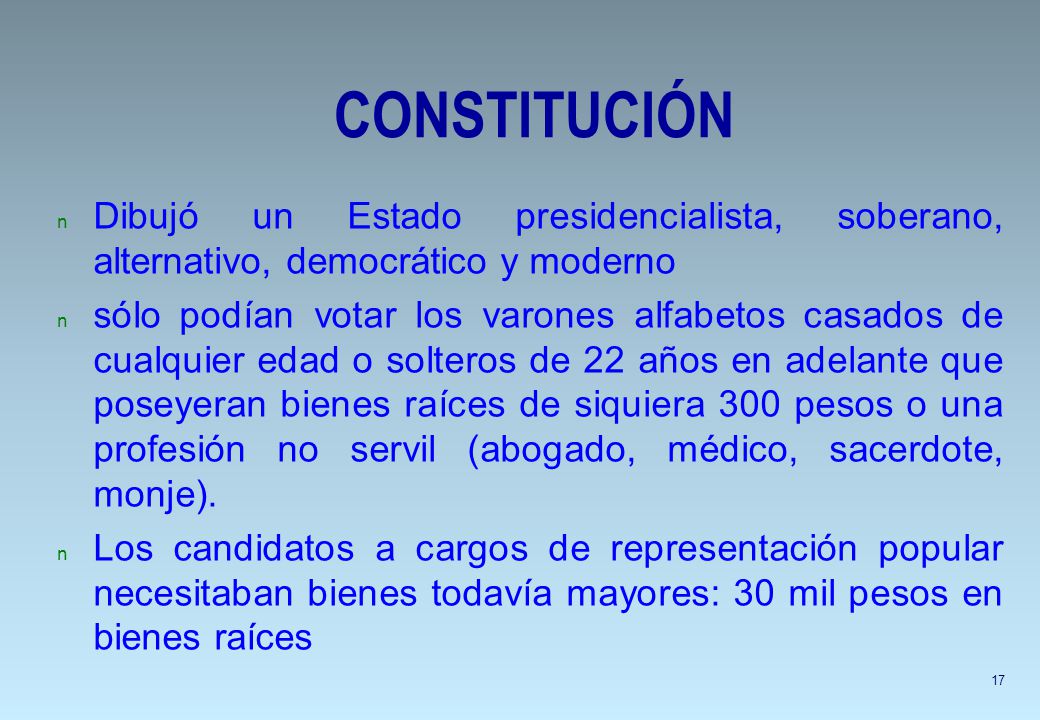 CONSTITUCIÓN Dibujó un Estado presidencialista, soberano, alternativo, democrático y moderno.