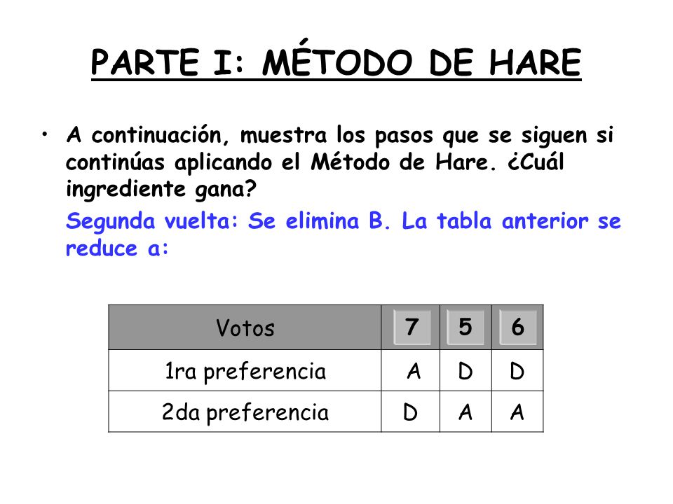 PARTE I: MÉTODO DE HARE A continuación, muestra los pasos que se siguen si continúas aplicando el Método de Hare. ¿Cuál ingrediente gana