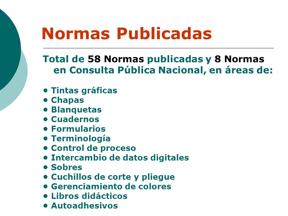 Normas Publicadas Total de 58 Normas publicadas y 8 Normas en Consulta Pública Nacional, en áreas de: