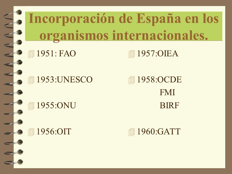 Incorporación de España en los organismos internacionales.
