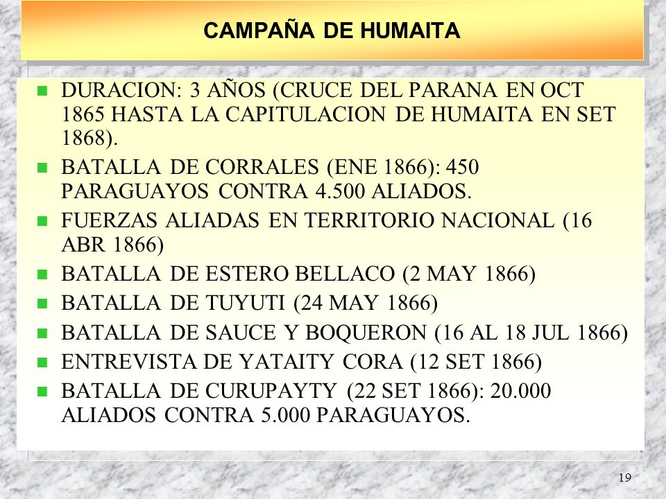 CAMPAÑA DE HUMAITA DURACION: 3 AÑOS (CRUCE DEL PARANA EN OCT 1865 HASTA LA CAPITULACION DE HUMAITA EN SET 1868).