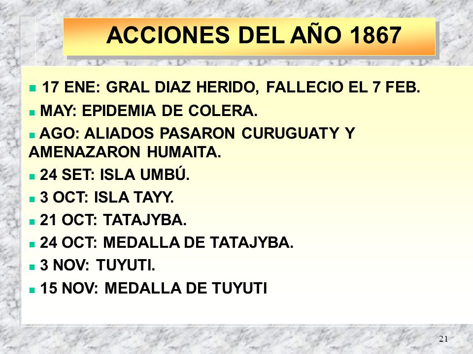 ACCIONES DEL AÑO ENE: GRAL DIAZ HERIDO, FALLECIO EL 7 FEB.