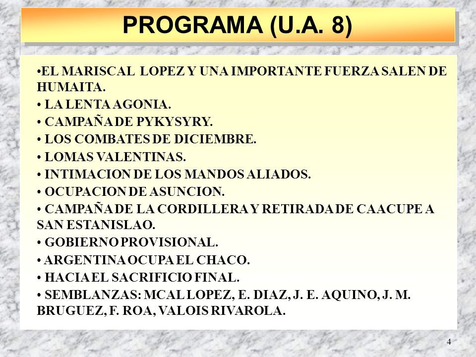 PROGRAMA (U.A. 8) EL MARISCAL LOPEZ Y UNA IMPORTANTE FUERZA SALEN DE HUMAITA. LA LENTA AGONIA. CAMPAÑA DE PYKYSYRY.