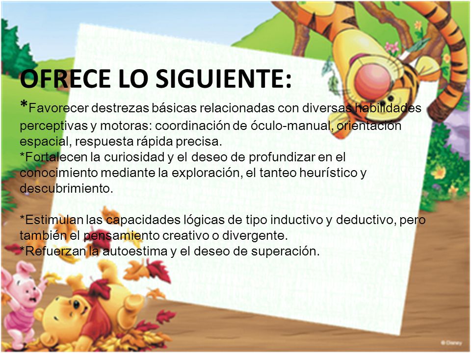 OFRECE LO SIGUIENTE: *Favorecer destrezas básicas relacionadas con diversas habilidades perceptivas y motoras: coordinación de óculo-manual, orientación espacial, respuesta rápida precisa.