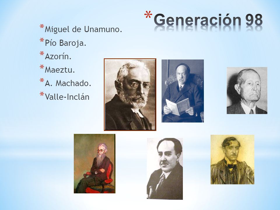 Generación 98 Miguel de Unamuno. Pío Baroja. Azorín. Maeztu.