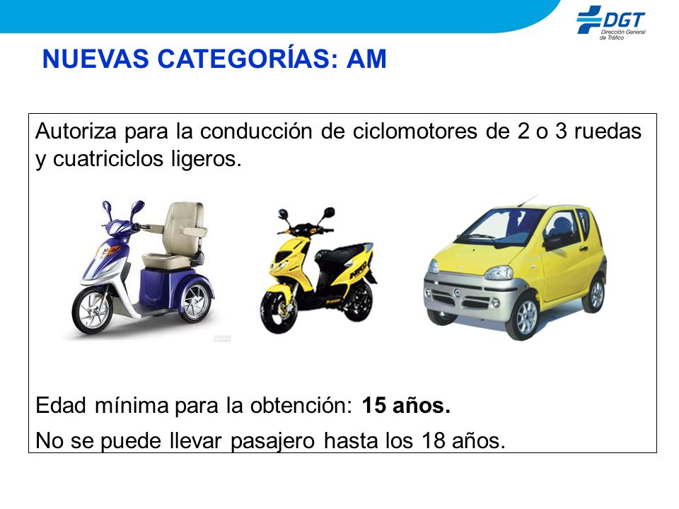 NUEVAS CATEGORÍAS: AM Autoriza para la conducción de ciclomotores de 2 o 3 ruedas y cuatriciclos ligeros.