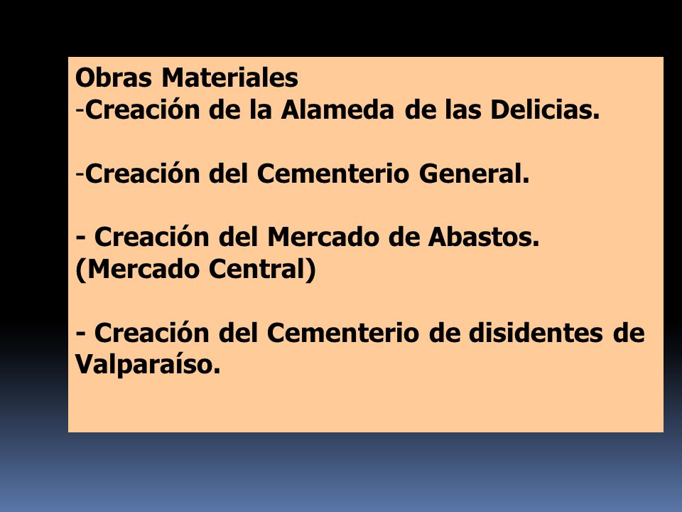 Obras Materiales Creación de la Alameda de las Delicias. Creación del Cementerio General. - Creación del Mercado de Abastos. (Mercado Central)