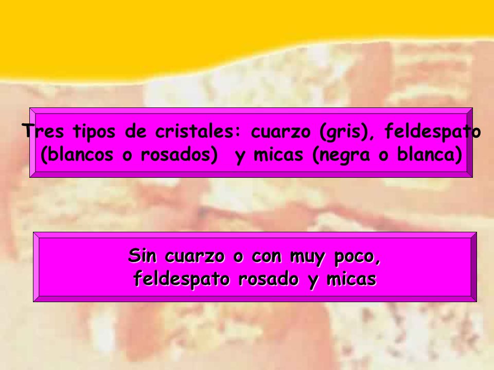 Tres tipos de cristales: cuarzo (gris), feldespato