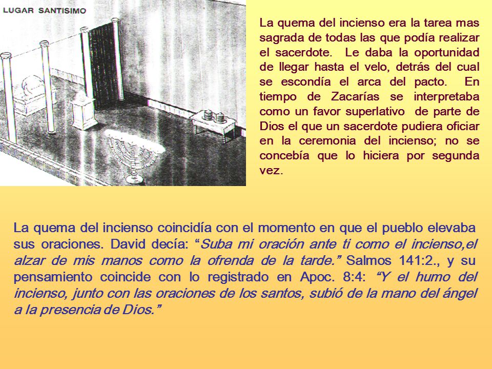 La quema del incienso era la tarea mas sagrada de todas las que podía realizar el sacerdote. Le daba la oportunidad de llegar hasta el velo, detrás del cual se escondía el arca del pacto. En tiempo de Zacarías se interpretaba como un favor superlativo de parte de Dios el que un sacerdote pudiera oficiar en la ceremonia del incienso; no se concebía que lo hiciera por segunda vez.
