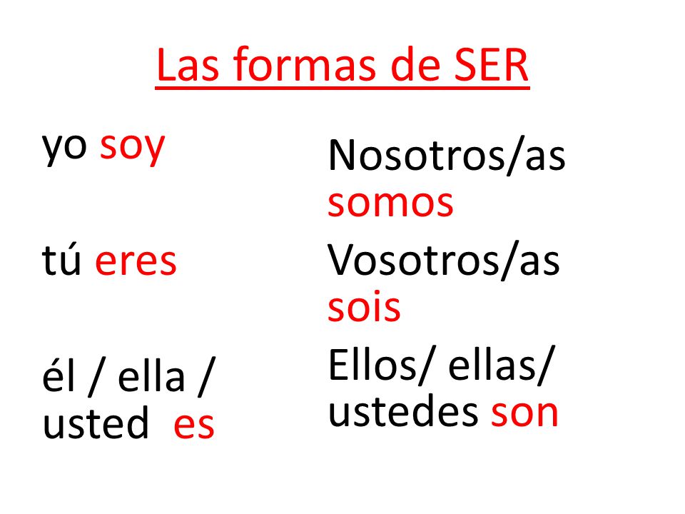 Las formas de SER yo soy tú eres él / ella / usted es