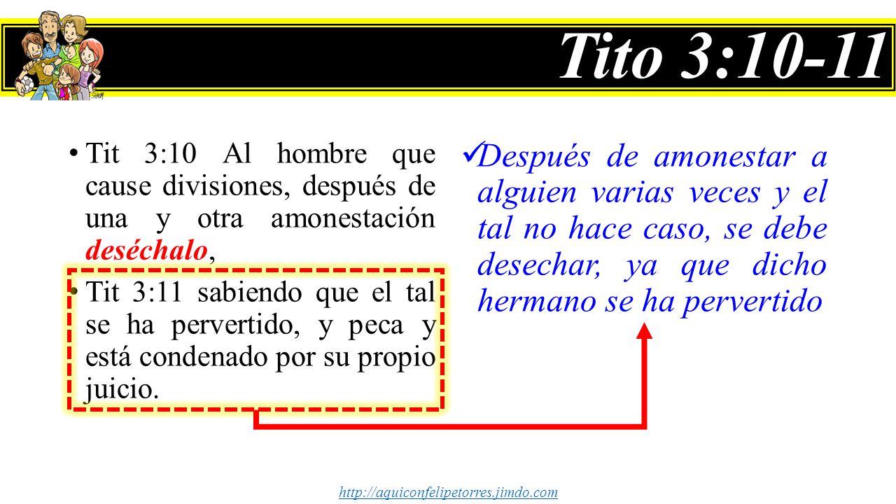 Tito 3:10-11 Tit 3:10 Al hombre que cause divisiones, después de una y otra amonestación deséchalo,