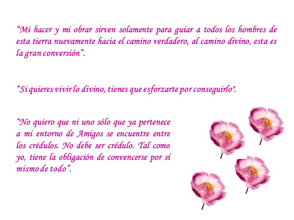 Mi hacer y mi obrar sirven solamente para guiar a todos los hombres de esta tierra nuevamente hacia el camino verdadero, al camino divino, esta es la gran conversión .