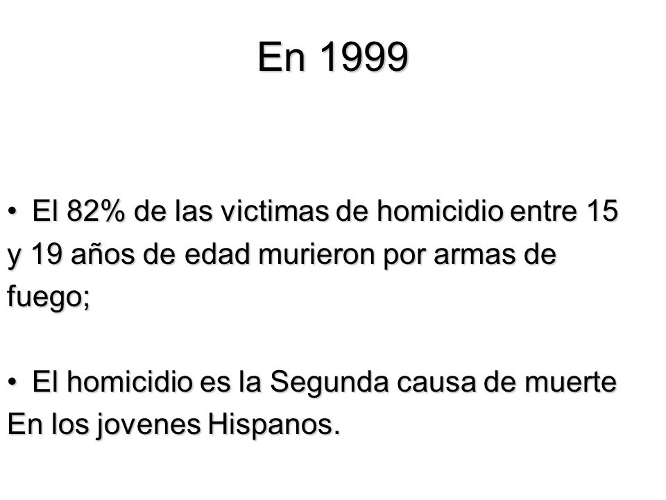 En 1999 El 82% de las victimas de homicidio entre 15