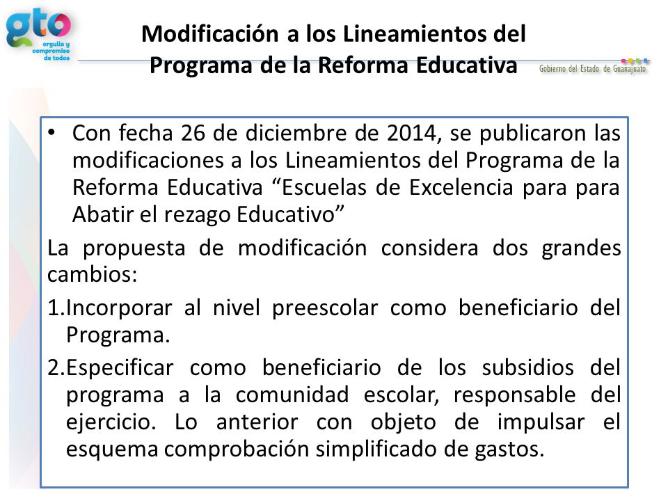 Modificación a los Lineamientos del Programa de la Reforma Educativa