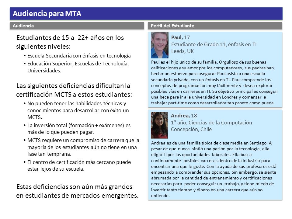 Audiencia para MTA Audiencia. Perfil del Estudiante. Estudiantes de 15 a 22+ años en los siguientes niveles: