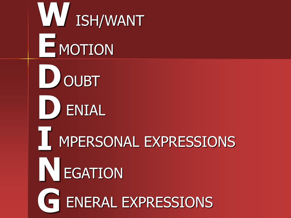 W E D I N G ISH/WANT MOTION OUBT ENIAL MPERSONAL EXPRESSIONS EGATION