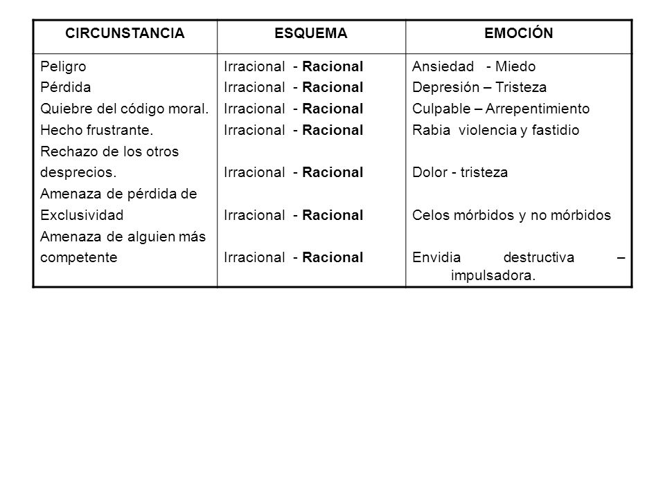 CIRCUNSTANCIA ESQUEMA. EMOCIÓN. Peligro. Pérdida. Quiebre del código moral. Hecho frustrante. Rechazo de los otros.