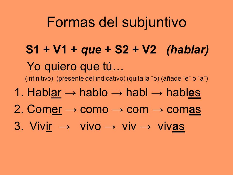 Formas del subjuntivo S1 + V1 + que + S2 + V2 (hablar)