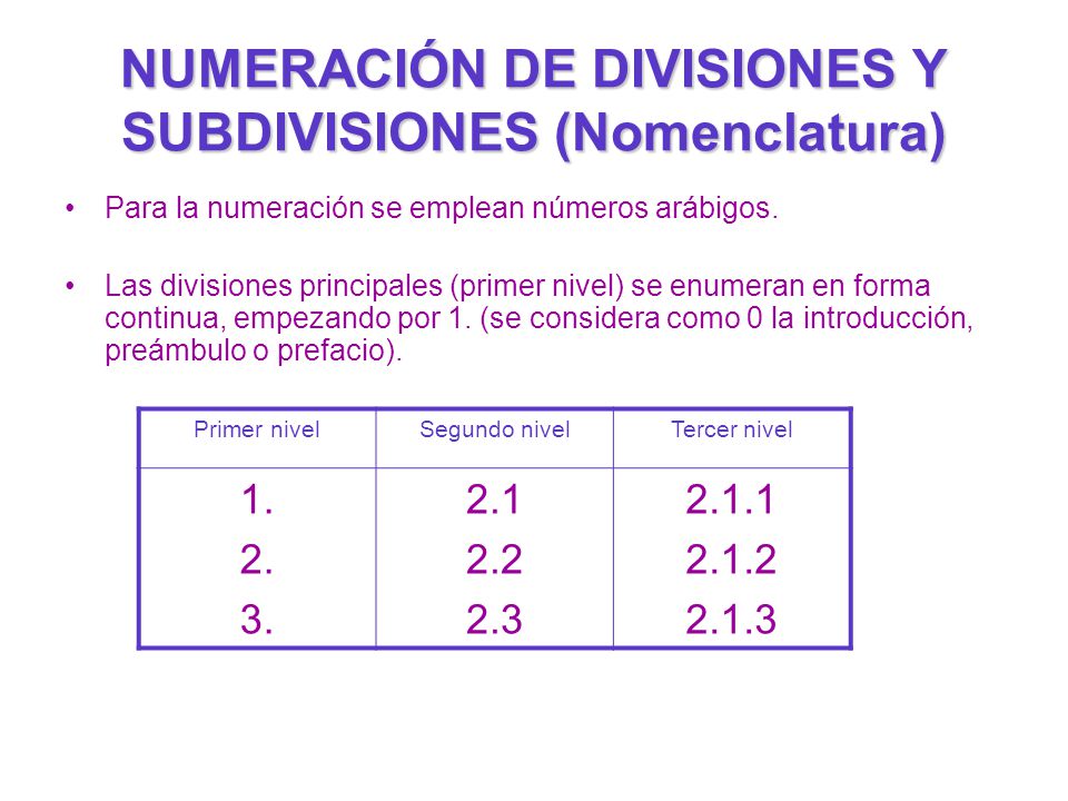 NUMERACIÓN DE DIVISIONES Y SUBDIVISIONES (Nomenclatura)