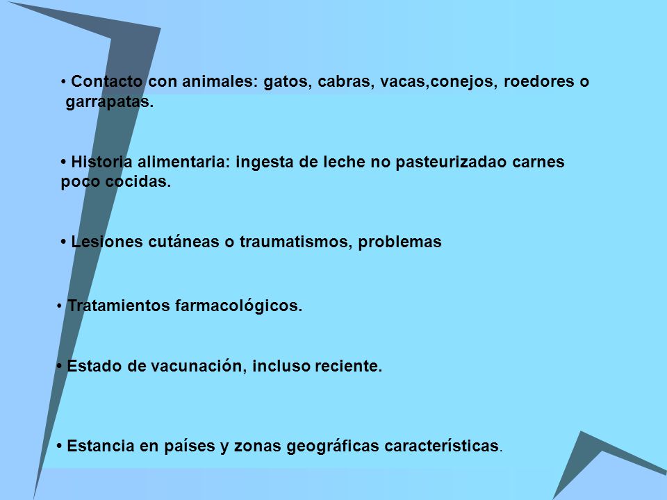 • Contacto con animales: gatos, cabras, vacas,conejos, roedores o