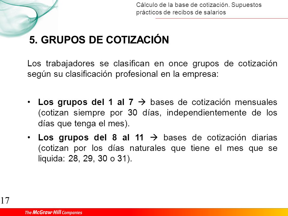 5. GRUPOS DE COTIZACIÓN Los trabajadores se clasifican en once grupos de cotización según su clasificación profesional en la empresa: