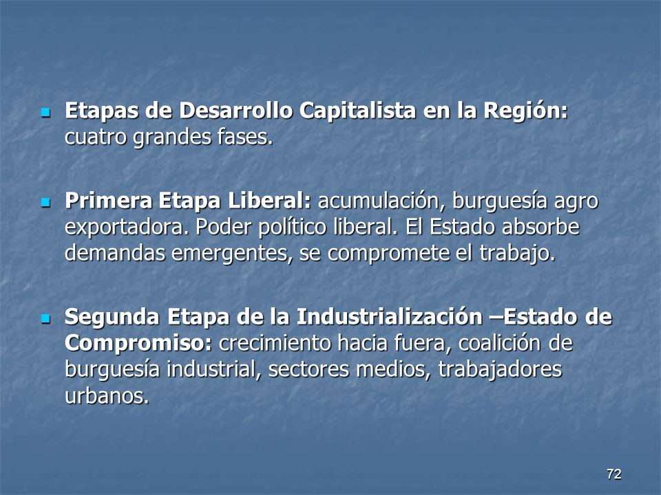 Etapas de Desarrollo Capitalista en la Región: cuatro grandes fases.